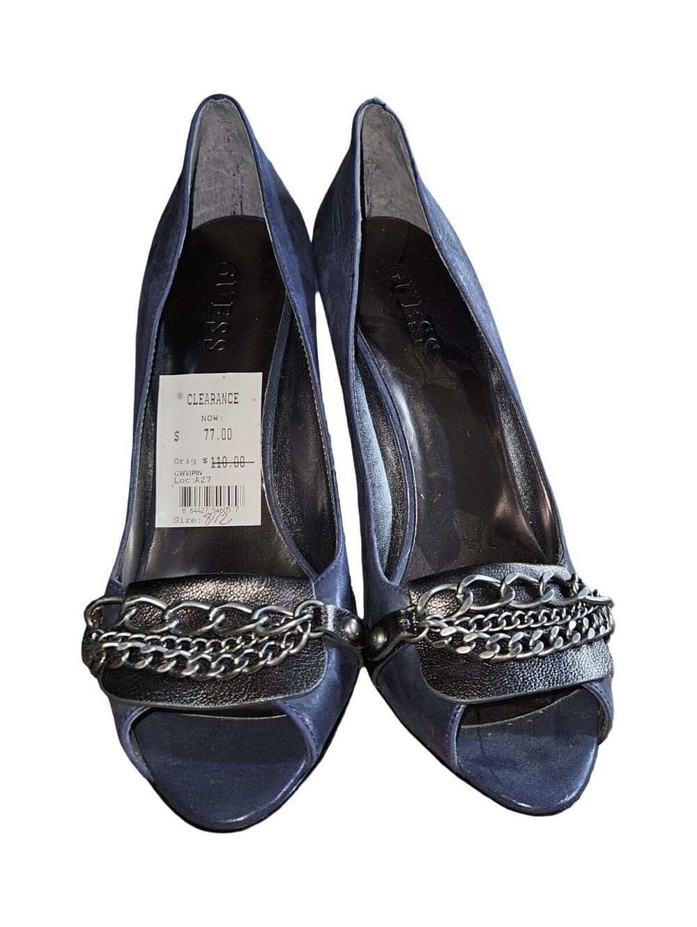 NWT GUESS Navy Blue Suede Peep-Toe Chain Pumps – Size 8.5